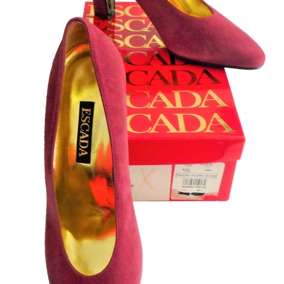80s Ombré Wine ESCADA Suede Pumps Gold Lined Designer Vintage Kitten Heels Point - Picture 1 of 13